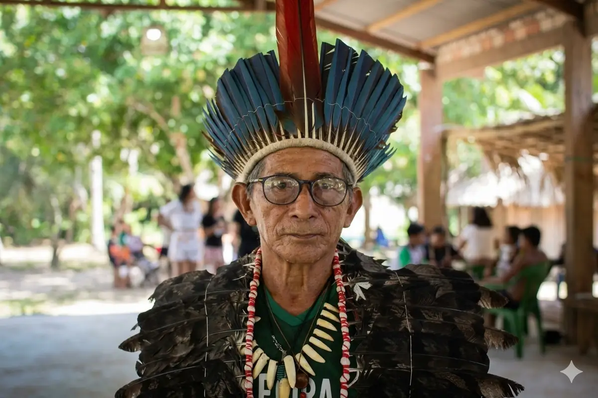 Homem de cocar e óculos em uma comunidade da Amazônia — foto da campanha Olhar Amazônico
